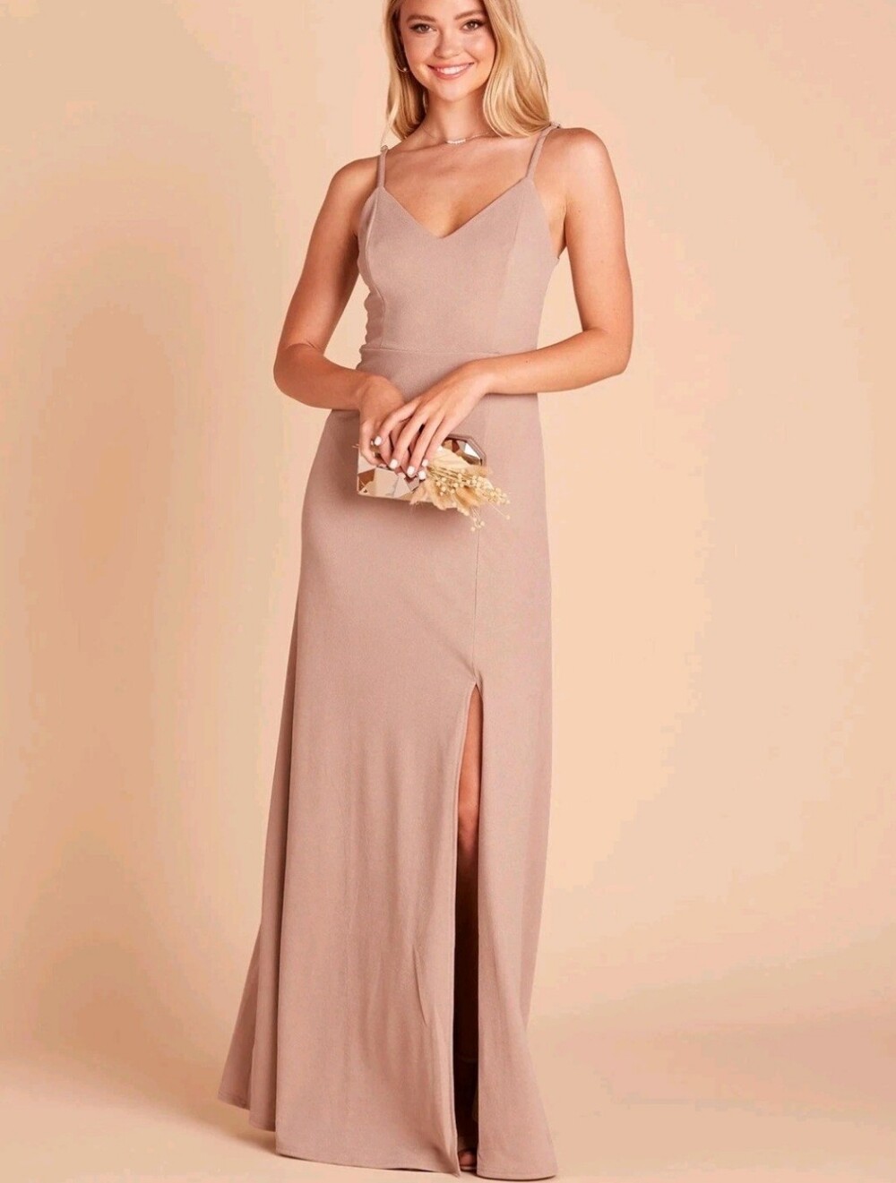 NWT Birdy Grey Jay Long Maxi Dress Womens XL Crepe Leg Slit In Taupe Wedding